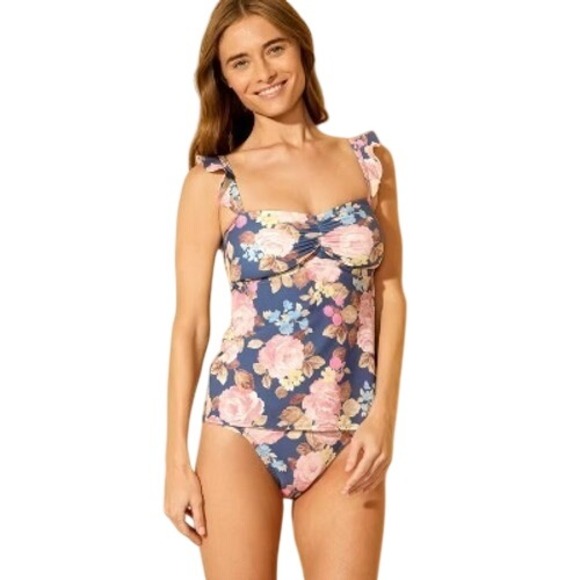 Shade & Shore Other - Shade & Shore Swimsuit Floral Ruffle Tankini Top + Bikini Bottom Set Blue Large